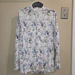 H&M Womens Floral White Button up Long Sleeve Shirt Size 4 Western Cowboy